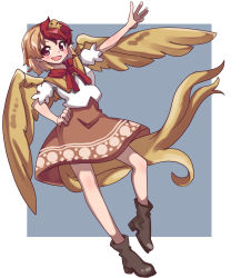Rule 34 | 1girl, animal, animal on head, bird, bird on head, bird tail, bird wings, blonde hair, blue background, boots, border, brown footwear, chick, dress, feathered wings, full body, hand on own hip, highres, multicolored hair, niwatari kutaka, on head, one-hour drawing challenge, open mouth, orange dress, red eyes, red hair, renshirenji, shirt, short hair, tail, touhou, two-tone hair, white border, white shirt, wings, yellow wings