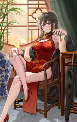 Rule 34 | 1girl, aqua eyes, architecture, black hair, braid, breasts, chair, china dress, chinese clothes, cleavage, closed mouth, covered navel, dragon print, dress, east asian architecture, eyewear on head, hand fan, high heels, highres, holding, holding fan, large breasts, long hair, looking at viewer, multicolored hair, nail polish, original, paper fan, red dress, red eyes, red footwear, red hair, round eyewear, sidelocks, silvertsuki, sitting, solo, streaked hair, table, two-tone hair, umbrella
