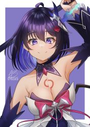Rule 34 | 1girl, absurdres, acrylicstroke, antenna hair, armpits, bare shoulders, border, breasts, cleavage, closed mouth, hair between eyes, hair ornament, highres, holding, holding weapon, honkai (series), honkai impact 3rd, looking at viewer, purple background, purple eyes, purple hair, scythe, seele vollerei, seele vollerei (swallowtail phantasm), short hair, smile, solo, tattoo, two-tone background, weapon, white background