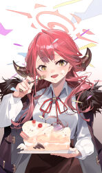 Rule 34 | 1girl, aru (blue archive), black skirt, blue archive, blush, breasts, brown horns, cake, collared shirt, demon horns, food, food on face, fork, halo, highres, holding, holding fork, horns, large breasts, long hair, long sleeves, looking at viewer, neck ribbon, omurice (304975636), open mouth, pink hair, pink halo, red ribbon, ribbon, shirt, skirt, smile, solo, white shirt, yellow eyes