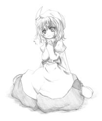 Rule 34 | 1girl, apron, blush, dress, expressionless, female focus, frills, full body, greyscale, hat, kurona, letty whiterock, looking afar, looking down, mob cap, monochrome, puffy short sleeves, puffy sleeves, short sleeves, simple background, sitting, solo, touhou, triangular headpiece, waist apron, wariza, white background