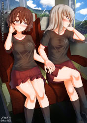 Rule 34 | 2girls, 3d background, akaboshi koume, black shirt, blue eyes, blush, breasts, brown hair, closed mouth, collarbone, girls und panzer, highres, holding hands, itsumi erika, large breasts, looking at another, looking outside, medium hair, megadeko, microskirt, multiple girls, photo background, red skirt, shiny skin, shirt, short hair, sitting, skirt, smile, train interior, translation request, white hair, yuri