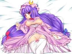 Rule 34 | 1girl, bloomers, bloomers pull, blush, book, bottomless, breasts, breasts out, colorized, dress, female focus, hat, highres, long hair, lying, nipples, no bra, noumin, open clothes, osatsu, patchouli knowledge, purple eyes, purple hair, pussy, solo, touhou, uncensored, underwear, very long hair