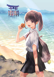 Rule 34 | 1girl, :d, backpack, bad id, bad pixiv id, bag, bag charm, beach, black skirt, blurry, blurry background, blush, brown eyes, brown hair, charm (object), chikuwa (odennabe), cityscape, collared shirt, commentary request, day, depth of field, food, hand up, highres, holding, holding food, long hair, looking at viewer, looking to the side, momiji manjuu, ocean, open mouth, original, pleated skirt, ponytail, sand, school uniform, ship, shirt, skirt, smile, solo, torii, walking, watch, water, watercraft, white shirt, wristwatch