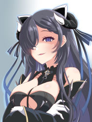 Rule 34 | 1girl, august von parseval (azur lane), azur lane, bare shoulders, black dress, black hair, breasts, cleavage, cleavage cutout, clothing cutout, curled horns, detached sleeves, dress, gloves, hair over one eye, highres, horns, koucha (ginnta-tosio), long hair, looking at viewer, mechanical horns, purple eyes, simple background, solo, underboob, upper body, white gloves, wide sleeves