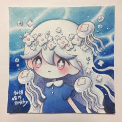Rule 34 | 1girl, blue shirt, blush, bubble, commentary request, dated, head wreath, highres, jellyfish, long hair, original, personification, red eyes, shirt, signature, smile, symbol-shaped pupils, traditional media, underwater, white hair, zukky000