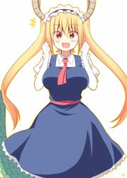 Rule 34 | 10s, 1girl, :d, akane souichi, apron, blonde hair, blush, breasts, brown eyes, collared shirt, dragon girl, dragon horns, dragon tail, elbow gloves, fang, gloves, hair between eyes, hands up, horns, kobayashi-san chi no maidragon, large breasts, large tail, long hair, looking at viewer, maid, maid headdress, necktie, open mouth, puffy short sleeves, puffy sleeves, red necktie, shirt, short sleeves, simple background, smile, solo, standing, tail, tohru (maidragon), twintails, very long hair, white background, white gloves, white shirt