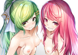 Rule 34 | 2girls, :d, blush, bow, breast hold, breasts, bright pupils, brown eyes, collarbone, gabriel (monster strike), green hair, grin, hair bow, hair ornament, hairclip, long hair, looking at viewer, michael (monster strike), monster strike, multiple girls, nipples, nude, open mouth, pink hair, ponytail, red eyes, simple background, small breasts, smile, star (symbol), swept bangs, teeth, tsuseki, upper body, very long hair, white background, white bow