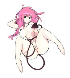 Rule 34 | 1girl, ahoge, ass, breasts, cleft of venus, closed mouth, colored skin, demon tail, female focus, female masturbation, fingering, full body, huge ass, knees up, pussy, lala satalin deviluke, large breasts, looking at viewer, lying, masturbation, nipples, nude, on back, pink hair, pussy, shiny skin, simx, solo, tail, teasing, thick thighs, thighs, to love-ru, twintails, uncensored, white background, white skin, wide hips