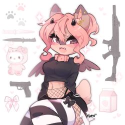 Rule 34 | 1girl, :3, animal ear fluff, animal ears, arms behind back, assault rifle, belt, black belt, black bow, black pantyhose, black shirt, black shorts, blush, bow, brown eyes, collar, commentary, cropped shirt, english commentary, fishnet pantyhose, fishnets, furry, furry female, gun, handgun, hazel (typh), heart, heart in eye, hello kitty, hello kitty (character), highres, horns, knife, long sleeves, midriff, milk carton, navel, open mouth, original, pantyhose, paw print, pink bow, pink collar, rifle, sanrio, shirt, short shorts, shorts, sitting, smile, solo, sparkle, strawberry milk, striped bow, striped clothes, striped thighhighs, symbol in eye, tail, thighhighs, typh, weapon, wings