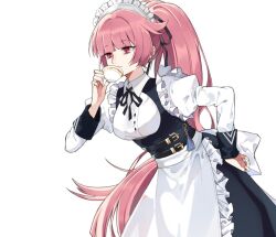 Rule 34 | 1girl, anti-materiel rifle, apron, black dress, black ribbon, blunt bangs, breasts, cup, dress, drinking, frills, girls&#039; frontline, gun, hair ribbon, hand on own hip, holding, holding cup, juliet sleeves, knee up, long hair, long sleeves, lyps, maid, maid headdress, medium breasts, ntw-20, ntw-20 (girls&#039; frontline), ntw-20 (the aristocrat experience) (girls&#039; frontline), official alternate costume, pink eyes, pink hair, ponytail, puffy sleeves, ribbon, rifle, simple background, sniper rifle, solo, very long hair, weapon, white background