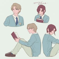 Rule 34 | 2boys, back-to-back, blonde hair, blue necktie, blue sweater, book, brown footwear, collared shirt, cropped torso, glass no kamen, hair over one eye, hayami masumi, hijiri karato, holding, holding book, knees up, loafers, long sleeves, looking at viewer, looking away, multiple boys, multiple views, necktie, one eye covered, open book, outstretched arms, pants, profile, reading, red hair, shirokuma224, shirt, shoes, short hair, sidelocks, simple background, sitting, sweater, white shirt