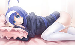 Rule 34 | 1girl, ahoge, bed sheet, blue eyes, blue hair, bottomless, hairband, highres, hip focus, huge ahoge, long hair, lying, matching hair/eyes, naked sweater, no panties, on side, orie ballardiae harada, pillow, ribbed sweater, solo, sunimu, sweater, thighhighs, turtleneck, under night in-birth, white thighhighs
