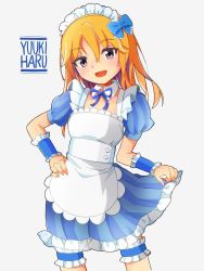 Rule 34 | 1girl, :d, absurdres, alternate costume, apron, blue bow, blue dress, blue ribbon, bow, character name, collar, commentary request, detached collar, dress, enmaided, frilled dress, frills, grey background, grey eyes, hair between eyes, hand on own hip, highres, idolmaster, idolmaster cinderella girls, long hair, looking at viewer, maid, maid apron, maid headdress, mamagogo (gomaep), neck ribbon, open mouth, orange hair, puffy short sleeves, puffy sleeves, ribbon, short sleeves, simple background, skirt hold, smile, solo, standing, striped clothes, striped dress, vertical-striped clothes, vertical-striped dress, white apron, white collar, wing collar, wrist cuffs, yuuki haru