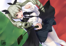 Rule 34 | 10s, 1girl, :d, akasaai, anchovy (girls und panzer), belt, black necktie, black skirt, blush, brown eyes, cape, clenched hand, clothes lift, copyright name, dress shirt, drill hair, dutch angle, flag, flag background, girls und panzer, green hair, hair between eyes, hair ribbon, hat, highres, holding, italian flag, long hair, long sleeves, looking at viewer, miniskirt, necktie, open mouth, pantyhose, pleated skirt, red eyes, ribbon, riding crop, shirt, skirt, skirt lift, smile, solo, twin drills, twintails, white pantyhose, white shirt, wind, wind lift
