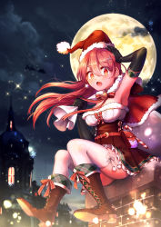 Rule 34 | 1girl, absurdres, arm up, bell, belt, belt pouch, black gloves, breasts, chimney, christmas, cleavage, cross-laced footwear, earrings, elbow gloves, full moon, fur trim, gloves, hair ornament, hairclip, hat, highres, jewelry, long hair, moon, night, night sky, original, outdoors, pouch, red eyes, red footwear, red hair, red headwear, red ribbon, ribbon, sack, sahara1127, santa hat, sitting, sky, snowing, star (symbol), star earrings, thighhighs, white thighhighs, window