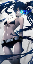 Rule 34 | 1girl, absurdres, arms behind back, bad id, bad pixiv id, bare shoulders, belt, bikini, bikini top only, black bikini, black choker, black gloves, black hair, black rock shooter, black rock shooter (character), black shorts, blue eyes, breasts, choker, cleavage, collarbone, commentary, cowboy shot, eyebrows hidden by hair, flaming eye, front-tie bikini top, front-tie top, gloves, glowing, glowing eye, grey background, groin, hair between eyes, highres, long hair, looking at viewer, midriff, navel, pale skin, parted lips, scar, short shorts, shorts, sidelocks, small breasts, solo, standing, swimsuit, takom, thigh gap, twintails, uneven twintails, very long hair, white belt