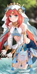 Rule 34 | 1girl, absurdres, bare shoulders, blurry, blurry background, blush, crop top, detached sleeves, educk, genshin impact, green eyes, highres, horns, leaning forward, long hair, long sleeves, looking at viewer, low twintails, nilou (genshin impact), outdoors, red hair, solo, standing, thighs, twintails, vambraces, veil, wading, water, wet
