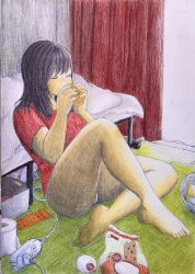 Rule 34 | 1girl, barefoot, bed, black hair, closed eyes, colored pencil (medium), crosshatching, curtains, eating, electric plug, electrical outlet, feet, food, hatching (texture), highres, holding, holding food, indoors, medium hair, no pants, null 444, on floor, original, panties, red shirt, shirt, short sleeves, sitting, solo, thighs, toilet paper, traditional media, underwear