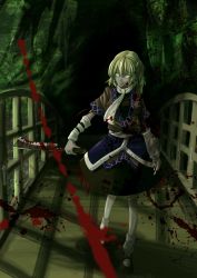 Rule 34 | 1girl, absurdres, arm warmers, bad id, bad pixiv id, blonde hair, blood, blood on clothes, blood on face, blood splatter, bloody knife, bloody weapon, bridge, glowing, glowing eyes, green eyes, hatchet, highres, knife, looking at viewer, mizuhashi parsee, nata (tool), pijirion, scarf, shirt, skirt, solo, touhou, weapon, yandere