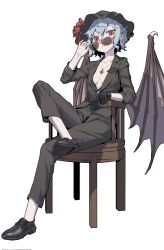 Rule 34 | alternate costume, bat wings, black hat, black shoe, blue hair, corrupted twitter file, formal, full body, gloves, hat, highres, inner boob, jewelry, necklace, open clothes, open shirt, pants, red eyes, remilia scarlet, shoes, short hair, sitting, socks, solo, suit, sunglasses, touhou, white background, wings