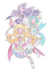 Rule 34 | 3girls, :d, arm up, blonde hair, blunt bangs, boots, braid, closed mouth, commentary request, dress, flower, full body, gloves, green eyes, green hair, grey hair, hand up, hands up, hat, idol clothes, idol time pripara, knee boots, koda michiru, korean commentary, long hair, long sleeves, looking at viewer, miichiru (pripara), mikannu, mini hat, mini top hat, multicolored hair, multiple girls, nijiiro nino, open mouth, pretty series, pripara, puffy long sleeves, puffy sleeves, purple eyes, purple gloves, ringlets, short hair, smile, standing, standing on one leg, top hat, twin braids, two side up, very long hair, wavy hair, white background, white dress, yumekawa yui