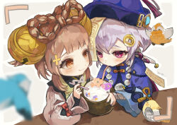 Rule 34 | 2girls, bead necklace, beads, bell, bird, blush, bow-shaped hair, brown eyes, brown hair, coconut, coconut cup, coin hair ornament, drinking straw, drinking straw in mouth, genshin impact, hair bell, hair ornament, hat, holding, jewelry, long sleeves, multiple girls, necklace, obakeno m, ofuda, pink eyes, purple hair, qingdai guanmao, qiqi (genshin impact), signature, yaoyao (genshin impact)