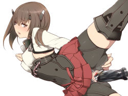 Rule 34 | 10s, 1girl, bad id, bad pixiv id, bike shorts, brown eyes, brown hair, censored, drooling, headband, headgear, kantai collection, mosaic censoring, object insertion, open mouth, owarida, personification, short hair, simple background, skirt, solo, taihou (kancolle), thighhighs, vaginal, white background