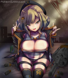 Rule 34 | 1girl, :d, ammunition, android, anis (nikke), bed sheet, beret, black hat, blonde hair, blush, breasts, cat, collarbone, crop, explosive, goddess of victory: nikke, godess, gold, grenade, grenade cartridge, grenade launcher, hat, headwear request, jacket, kneehighs, large-caliber cartridge, large breasts, liberty&#039;s, light, off, open mouth, ornament, revolver grenade launcher, rocket launcher, self-upload, shirt, shorts, shoulder, sitting, smile, socks, solo, tail, thighhighs, up, upper, weapon, yellow eyes