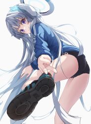 Rule 34 | 1girl, adjusting clothes, adjusting shoe, ass, black buruma, blue archive, blue jacket, buruma, closed mouth, commentary, feet out of frame, from behind, from below, grey hair, gym uniform, halo, headphones, highres, jacket, long hair, long sleeves, looking at viewer, mechanical halo, noa (blue archive), official alternate costume, purple eyes, shijima (shijima tc), sidelocks, smile, solo, standing, standing on one leg, very long hair