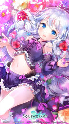Rule 34 | 1girl, antenna hair, bare shoulders, blue eyes, blue flower, bow, bowtie, breasts, collared shirt, crop top, detached sleeves, flower, frilled shirt, frilled skirt, frills, highres, kneehighs, long hair, long sleeves, looking at viewer, lying, midriff, mimi (ranma3049), miniskirt, navel, official art, on back, open mouth, purple shirt, purple skirt, red flower, shirt, single detached sleeve, skirt, small breasts, socks, solo, soulworker, stella unibell, stomach, thighs, very long hair, white hair