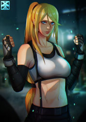 Rule 34 | 1girl, absurdres, bare shoulders, black gloves, black skirt, black sports bra, blonde hair, blue eyes, breasts, closed mouth, commentary request, cosplay, cowboy shot, crop top, elbow gloves, elbow pads, final fantasy, final fantasy vii, final fantasy vii remake, fingerless gloves, gloves, highres, large breasts, light particles, long hair, looking at viewer, low-tied long hair, metroid, midriff, mole, navel, night, nintendo, ponytail, samus aran, shade, shirt, signature, skirt, sleeveless, sleeveless shirt, solo, sports bra, square enix, suspenders, suspenders gap, swept bangs, tank top, tifa lockhart, tifa lockhart (cosplay), toned, very long hair, white shirt, white tank top, xuuikie ashe