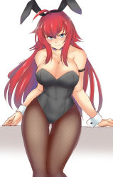 Rule 34 | 1girl, absurdres, ahoge, animal ears, armlet, bare shoulders, black leotard, breasts, cleavage, detached collar, fake animal ears, female focus, fishnet pantyhose, fishnets, gluteal fold, hairband, high school dxd, highleg, highleg leotard, highres, large breasts, leotard, long hair, looking at viewer, pantyhose, playboy bunny, rabbit ears, red hair, rias gremory, smile, solo, standing, strapless, strapless leotard, wrist cuffs, z666ful