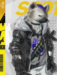 Rule 34 | 1boy, arknights, black jacket, character name, claws, commentary, copyright name, english commentary, fingerless gloves, furry, furry male, gloves, grey shirt, highres, hood, hooded jacket, hyena boy, hyena ears, infection monitor (arknights), jacket, looking at viewer, male focus, multicolored hair, pants, rhodes island logo (arknights), shirt, spot (arknights), streaked hair, taroten, white pants