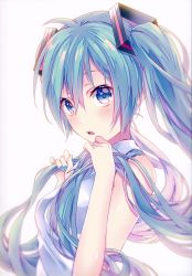 Rule 34 | 1girl, absurdres, aqua hair, aqua nails, blue eyes, blush, breasts, fingernails, hair between eyes, hair ornament, hatsune miku, highres, huge filesize, long hair, looking at viewer, medium breasts, nail polish, open mouth, scan, shiny skin, shiomizu (swat), simple background, sleeveless, solo, twintails, upper body, vocaloid, white background