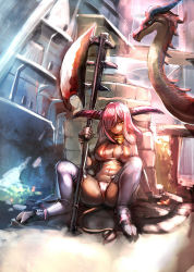 Rule 34 | 1girl, arm support, bare shoulders, bow (bhp), breasts, cleavage, dark-skinned female, dark skin, dragon, fingerless gloves, gloves, hair over one eye, highres, horns, large breasts, long hair, monster girl, navel, open mouth, original, pink hair, sitting, spread legs, thighhighs, weapon