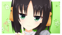 Rule 34 | 1girl, :3, absurdres, black hair, blunt ends, blush, border, close-up, closed mouth, commentary request, eyelashes, fingernails, floral print, green background, green eyes, hair ornament, hareringo, heart, highres, hitachi mako, index finger raised, jitome, looking at viewer, parted bangs, senren banka, short hair with long locks, simple background, smile, smug, solo, straight hair, tassel, tassel hair ornament, white border, yellow tassel