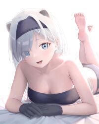 Rule 34 | 1girl, :d, animal ears, arknights, aurora (arknights), bandeau, bare arms, bare shoulders, barefoot, bear ears, black gloves, black hairband, blue eyes, breasts, commentary request, feet, gloves, hairband, highres, long hair, looking at viewer, lying, medium breasts, obanasumi, on stomach, open mouth, partial commentary, revision, simple background, smile, soles, solo, strapless, the pose, toes, tube top, white background, white hair
