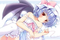 Rule 34 | 1girl, bad id, bad pixiv id, bare shoulders, bat wings, blue hair, blush, collarbone, frilled thighhighs, frills, hat, head tilt, irori, looking at viewer, lying, mob cap, off shoulder, on back, red eyes, remilia scarlet, short hair, solo, strap slip, string, string of fate, thighhighs, touhou, white thighhighs, wings