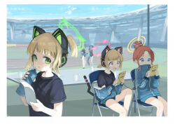 Rule 34 | 5girls, absurdly long hair, absurdres, animal ear headphones, animal ears, aris (blue archive), black hair, black shirt, blonde hair, blue archive, blue halo, blue jacket, bottle, chair, fake animal ears, green eyes, green halo, halo, headphones, highres, holding, holding bottle, jacket, k6tetsu, long hair, midori (blue archive), momoi (blue archive), multiple girls, official alternate costume, pink halo, purple eyes, purple hair, red eyes, red hair, shirt, short hair, short sleeves, siblings, sisters, sitting, track jacket, twintails, very long hair, yellow halo, yuuka (blue archive), yuuka (track) (blue archive), yuzu (blue archive)