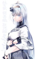 Rule 34 | 1girl, black gloves, breasts, character name, closed mouth, clothes writing, commentary request, dated, fuyutsuki (kancolle), gloves, grey eyes, grey neckerchief, hachimaki, hair between eyes, headband, headgear, kantai collection, large breasts, long hair, looking at viewer, n:go, neckerchief, silver hair, solo, translation request, twitter username, upper body, very long hair, white headband