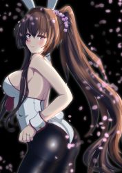 Rule 34 | 1girl, absurdres, animal ears, ass, black background, black pantyhose, bow, bowtie, breasts, brown eyes, brown hair, cherry blossoms, detached collar, fake animal ears, hair between eyes, hair intakes, hair ornament, highres, kantai collection, large breasts, leotard, long hair, looking at viewer, looking to the side, nitamako (sakamalh), pantyhose, petals, playboy bunny, ponytail, rabbit ears, rabbit tail, solo, strapless, strapless leotard, tail, traditional bowtie, white leotard, wrist cuffs, yamato (kancolle), yamato kai ni (kancolle)