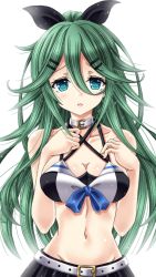 Rule 34 | 1girl, amou yuu, belt, bikini, bikini skirt, black bow, black skirt, bow, bow bikini, breasts, collar, collarbone, commentary request, green eyes, green hair, hair between eyes, hair bow, kantai collection, long hair, looking at viewer, medium breasts, navel, open mouth, parted bangs, portrait, simple background, skirt, solo, swimsuit, white background, white belt, yamakaze (kancolle)