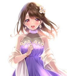 Rule 34 | 1girl, :d, amagi shino, bare shoulders, blush, bracelet, breasts, brown hair, character request, cleavage, collarbone, copyright request, dress, flower, hair flower, hair ornament, highres, jewelry, long hair, looking at viewer, open mouth, purple dress, red eyes, sample watermark, simple background, smile, solo, watermark, white background