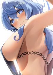 Rule 34 | 1girl, absurdres, ako (blue archive), ako (dress) (blue archive), amane sora, back, backless dress, backless outfit, blue archive, blue dress, blue eyes, blue hair, blue halo, blush, breasts, dress, hair between eyes, halo, highres, large breasts, long hair, looking at viewer, looking down, official alternate costume, sideboob, sleeveless, sleeveless dress, solo, white background