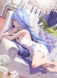Rule 34 | 1girl, bare arms, bare legs, bare shoulders, blue hair, breasts, copyright request, couch, dress, dutch angle, expressionless, eyes visible through hair, hair over one eye, highres, long hair, looking at viewer, multicolored hair, necomi, novel illustration, official art, on couch, short dress, sleeveless, sleeveless dress, small breasts, solo, streaked hair, very long hair, white dress, yellow eyes