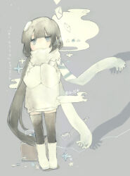 Rule 34 | 1girl, 1other, artist name, bandaid on thigh, black hair, black thighhighs, blunt bangs, box, cardboard box, cloud, co-li star, envelope, floating, floating object, full body, grey background, grey eyes, hands on own chest, hello marina (vocaloid), long sleeves, looking at viewer, no mouth, no nose, osage (nukunuku nigirimeshi), out of frame, own hands together, scarf, shadow, snow on head, snowflakes, solo focus, song name, standing, star (symbol), string, sweater, tape, tearing up, thighhighs, vocaloid, white scarf, white sweater