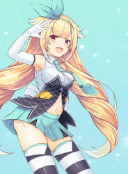 Rule 34 | 1girl, absurdres, aqua background, aqua hairband, aqua neckwear, aqua skirt, black thighhighs, blonde hair, blue background, blue headband, blue neckwear, blue skirt, blunt bangs, blush, breasts, cowboy shot, dated, elbow gloves, ginga alice, ginga alice no chikyuu shinryaku ch., gloves, gradient background, hairband, headband, heart, highres, long hair, medium breasts, navel, open mouth, pleated skirt, red eyes, salute, shirt, skirt, sleeveless, sleeveless shirt, smile, standing, striped clothes, striped thighhighs, temari rin, thighhighs, very long hair, virtual youtuber, white gloves, white thighhighs