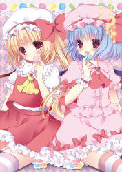 Rule 34 | 2girls, argyle, argyle background, argyle clothes, ascot, blonde hair, blue hair, blush, bow, brooch, crescent, fang, female focus, flandre scarlet, food, hat, hat bow, hat ribbon, jewelry, macaron, multiple girls, niki (aroma terrace), red eyes, remilia scarlet, ribbon, shibainu niki, short hair, siblings, side ponytail, sisters, sitting, skirt, skirt set, smile, star (symbol), striped clothes, striped legwear, striped thighhighs, sweets, thighhighs, touhou, wings, wrist cuffs