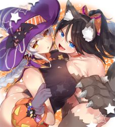 Rule 34 | 2girls, alternate costume, alternate hairstyle, animal ears, animal hands, arched back, ass, asymmetrical docking, bad id, bad pixiv id, bare shoulders, black hair, black leotard, blue eyes, blue hair, blush, braid, breast press, breasts, choker, commentary request, dog ears, dog tail, failure penguin, fake animal ears, fake tail, fang, gloves, gradient hair, hair between eyes, hair ribbon, hairband, halloween costume, hat, huge breasts, jitome, kantai collection, katsuragi (kancolle), leotard, long hair, looking at viewer, midriff, multicolored hair, multiple girls, open mouth, paw gloves, pokoten (pokoten718), ponytail, red choker, ribbon, shiny clothes, silver hair, single braid, small breasts, star (symbol), star print, tail, thighhighs, thighs, unryuu (kancolle), very long hair, witch hat, yellow eyes